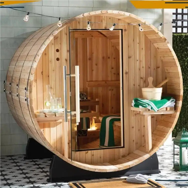 Outdoor Red Cedar Panoramic Barrel Sauna with Backrest