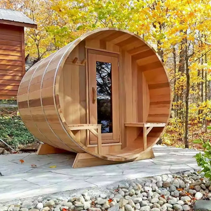 Custom Hemlock Barrel Sauna Room for Outdoor Relaxation